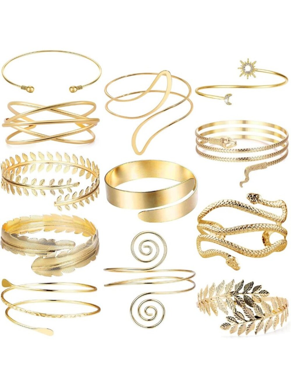 Boho 12 Pcs Arm Cuff Bracelets Set for Women - Leather Feather Upper Arm Bands